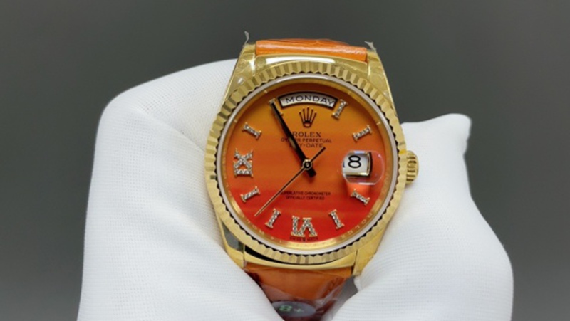 Best Edition with Automatic Movement Rolex Weekly Calendar 36mm Leather Belt Orange Watch